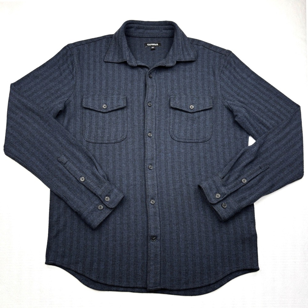 Express Mens Small Navy Herringbone Knit Shirt Jacket Shacket Overshirt Stretch